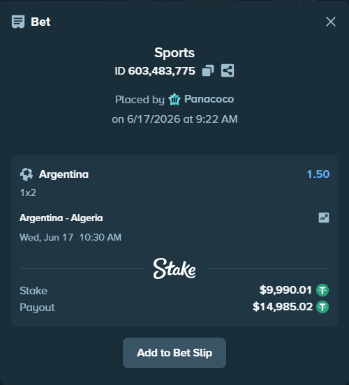 Bet slip: Argentina - Algeria, $10,000.00 stake at 1.50 odds, placed by Panacoco