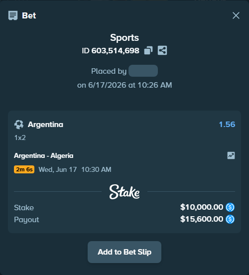 Bet slip: Argentina - Algeria, $10,000.00 stake at 1.56 odds, placed by Daria212