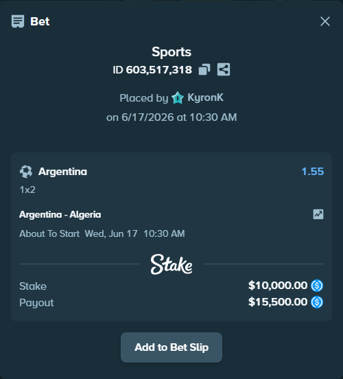Bet slip: Argentina - Algeria, $10,000.00 stake at 1.55 odds, placed by KyronK