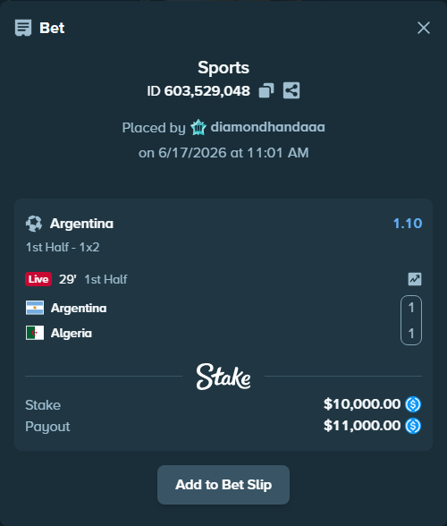 Bet slip: Argentina - Algeria, $10,000.00 stake at 1.10 odds, placed by diamondhandaaa