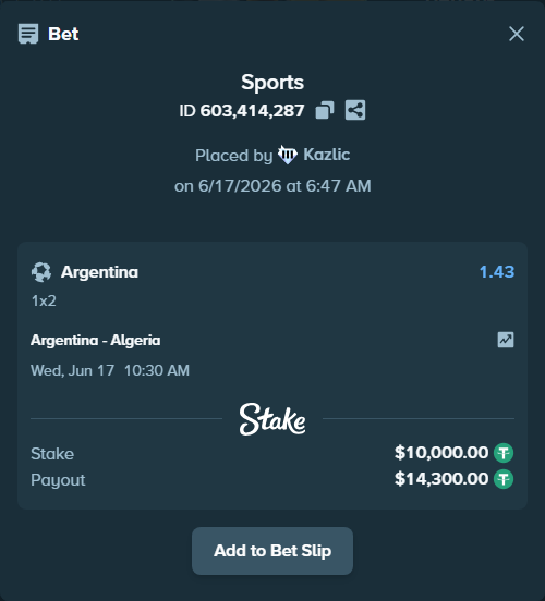 Bet slip: Argentina - Algeria, $10,010.00 stake at 1.43 odds, placed by Kazlic