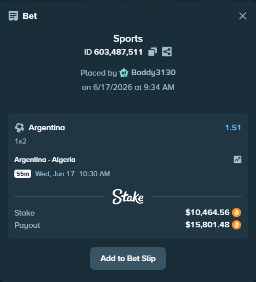 Bet slip: Argentina - Algeria, $9,834.71 stake at 1.51 odds, placed by Baddy3130
