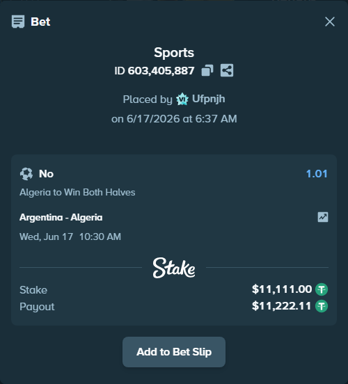 Bet slip: Argentina - Algeria, $11,122.11 stake at 1.01 odds, placed by Ufpnjh