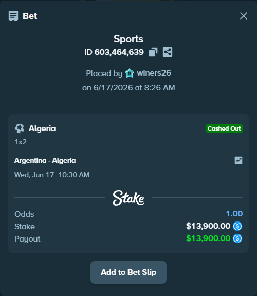 Bet slip: Argentina - Algeria, $13,900.00 stake at 7.40 odds, placed by winers26
