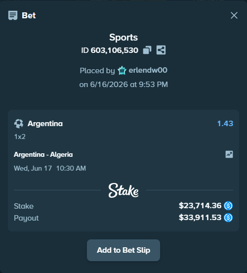 Bet slip: Argentina - Algeria, $23,714.36 stake at 1.43 odds, placed by erlendw00