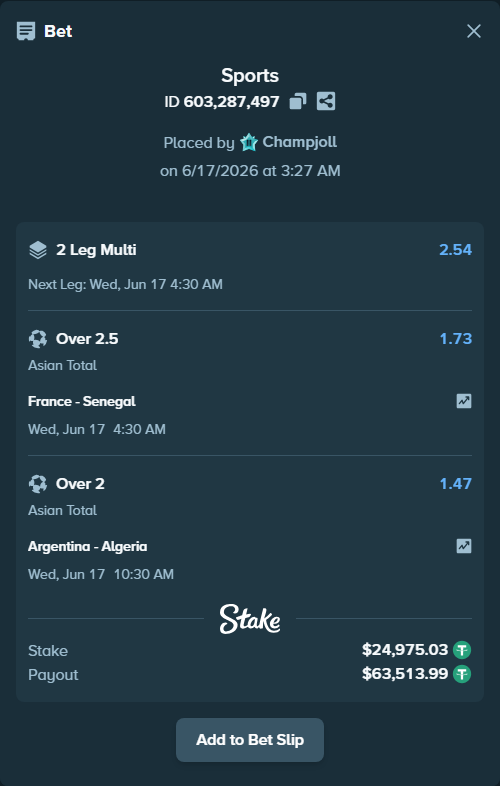 Bet slip: Argentina - Algeria, $25,000.00 stake at 1.47 odds, placed by Champjoll
