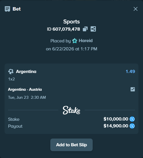 Bet slip: Argentina - Austria, $10,000.00 stake at 1.49 odds, placed by Hareid