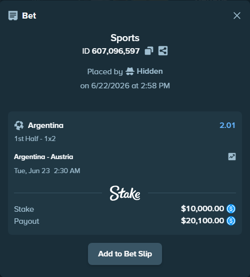 Bet slip: Argentina - Austria, $10,000.00 stake at 2.01 odds, placed by Hidden