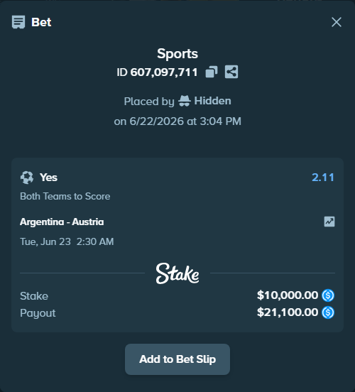 Bet slip: Argentina - Austria, $10,000.00 stake at 2.11 odds, placed by Hidden
