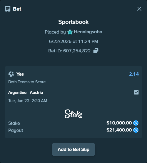 Bet slip: Argentina - Austria, $10,000.00 stake at 2.14 odds, placed by Henningsabo