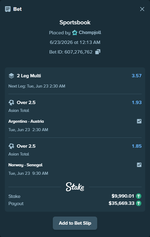 Bet slip: Argentina - Austria, $10,000.00 stake at 1.93 odds, placed by Champjoll