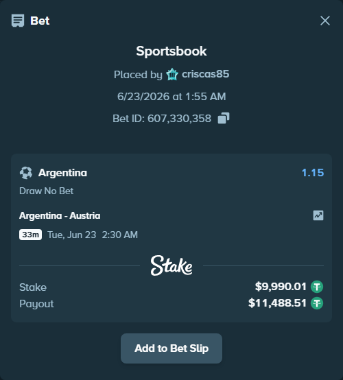 Bet slip: Argentina - Austria, $10,000.00 stake at 1.15 odds, placed by criscas85