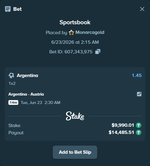 Bet slip: Argentina - Austria, $10,000.00 stake at 1.45 odds, placed by Monarcagold