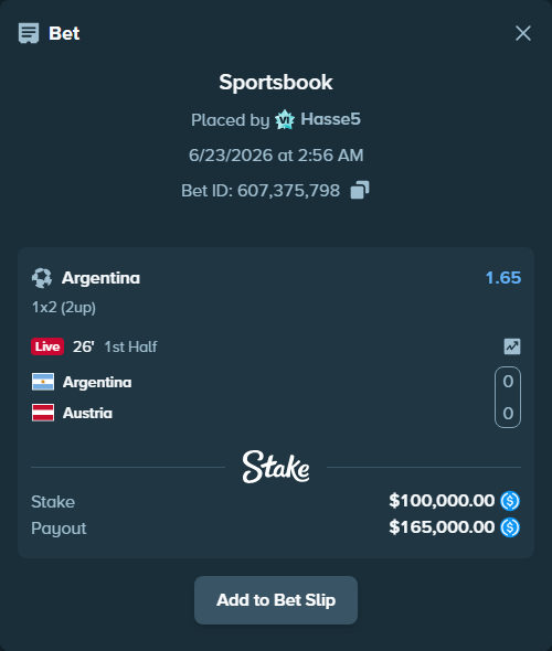 Bet slip: Argentina - Austria, $100,000.00 stake at 1.65 odds, placed by Hasse5