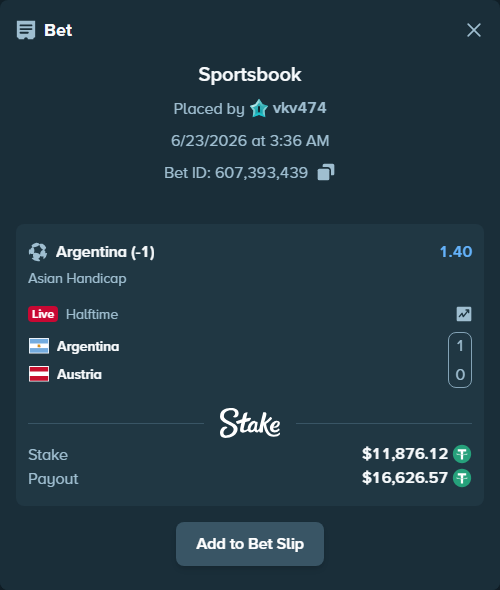 Bet slip: Argentina - Austria, $11,888.00 stake at 1.40 odds, placed by vkv474