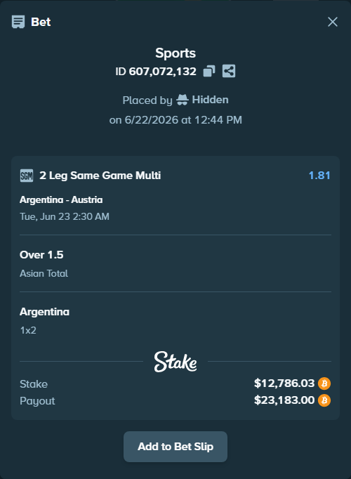 Bet slip: Argentina - Austria, $11,848.20 stake at 1.30 odds, placed by Hidden