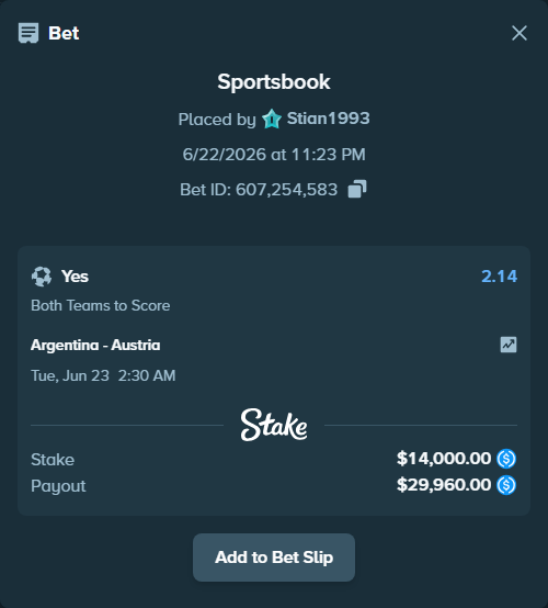 Bet slip: Argentina - Austria, $14,000.00 stake at 2.14 odds, placed by Stian1993