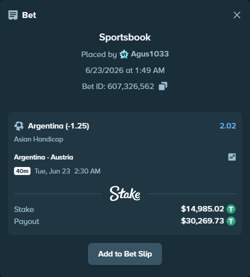 Bet slip: Argentina - Austria, $15,000.00 stake at 2.02 odds, placed by Agus1033