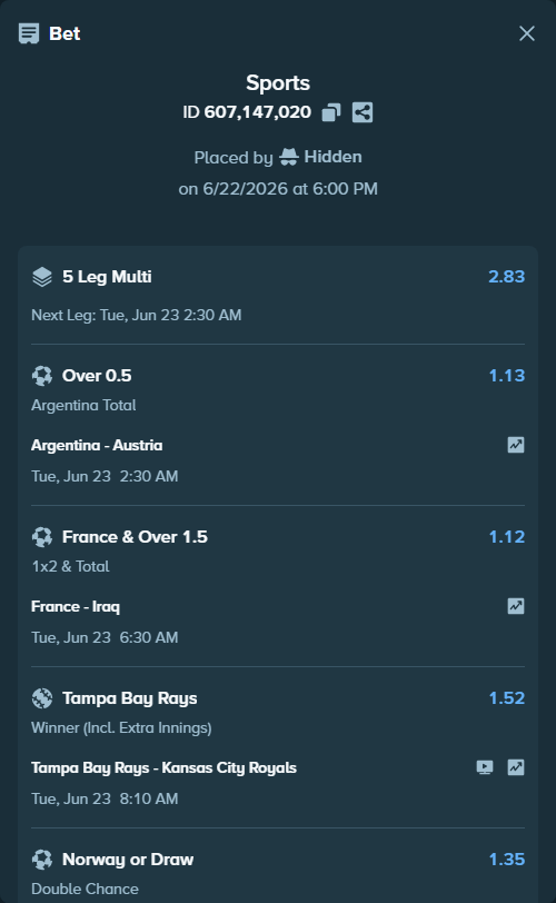 Bet slip: Argentina - Austria, $15,015.00 stake at 1.13 odds, placed by Hidden