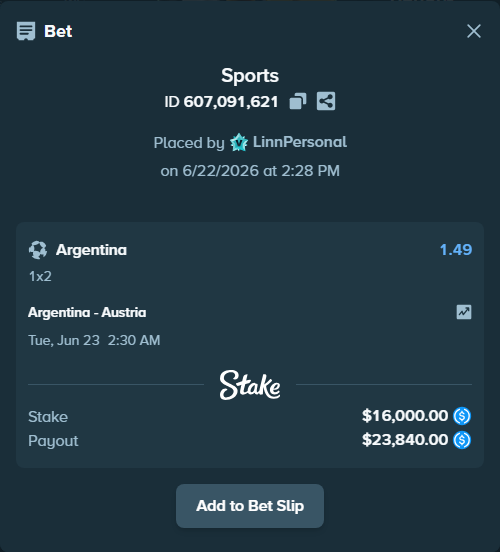 Bet slip: Argentina - Austria, $16,000.00 stake at 1.49 odds, placed by LinnPersonal