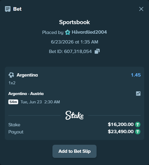 Bet slip: Argentina - Austria, $16,216.20 stake at 1.45 odds, placed by Håvardlied2004