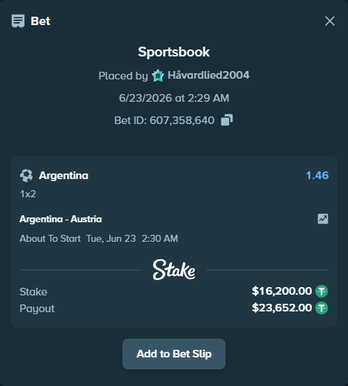 Bet slip: Argentina - Austria, $16,216.20 stake at 1.46 odds, placed by Håvardlied2004