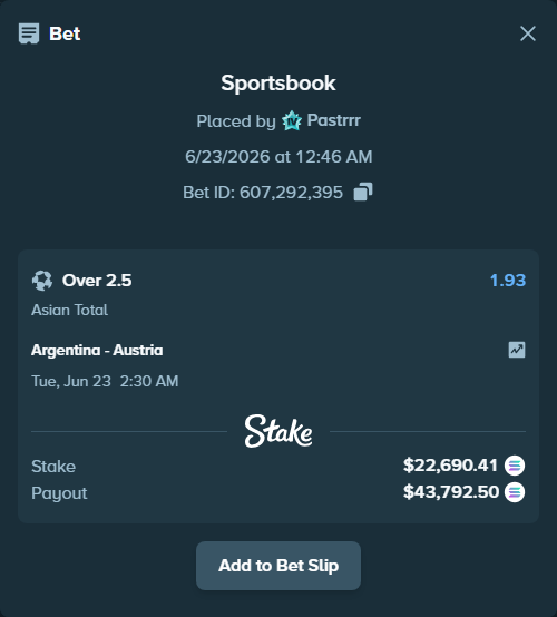 Bet slip: Argentina - Austria, $22,889.10 stake at 1.93 odds, placed by Pastrrr