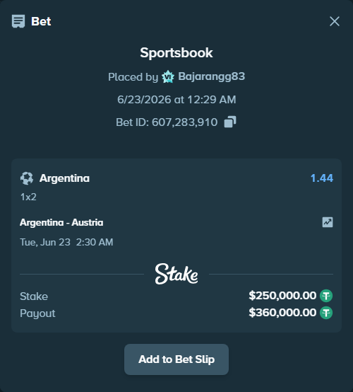 Bet slip: Argentina - Austria, $250,250.00 stake at 1.44 odds, placed by Bajarangg83