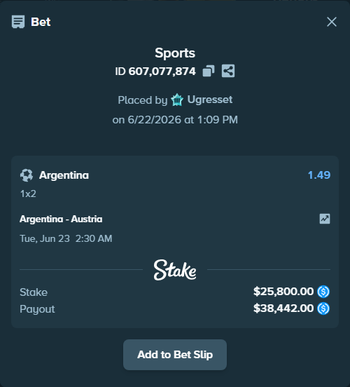 Bet slip: Argentina - Austria, $25,800.00 stake at 1.49 odds, placed by Ugresset