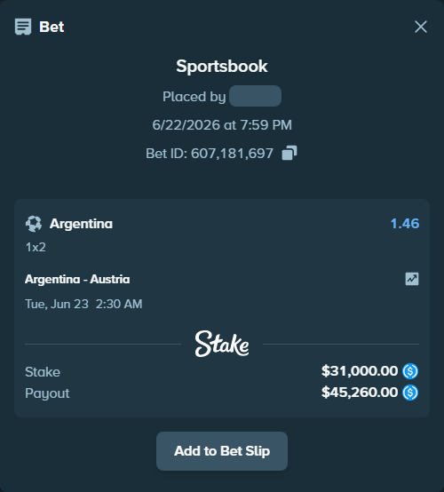 Bet slip: Argentina - Austria, $31,000.00 stake at 1.46 odds, placed by marbad2