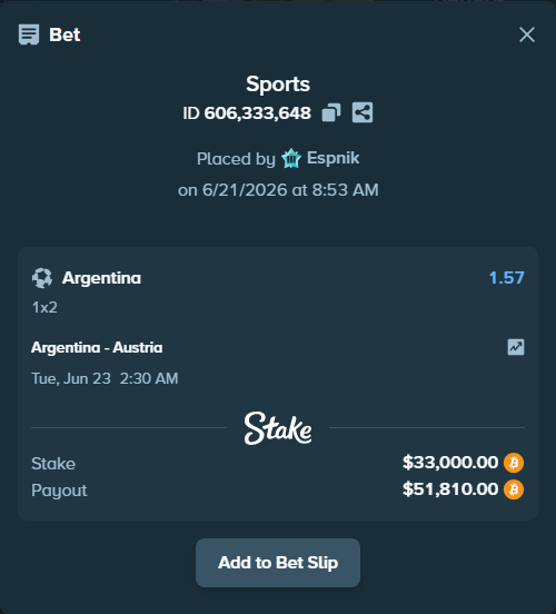 Bet slip: Argentina - Austria, $33,050.32 stake at 1.57 odds, placed by Espnik