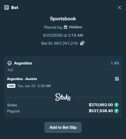 Bet slip: Argentina - Austria, $371,362.99 stake at 1.45 odds, placed by Hidden