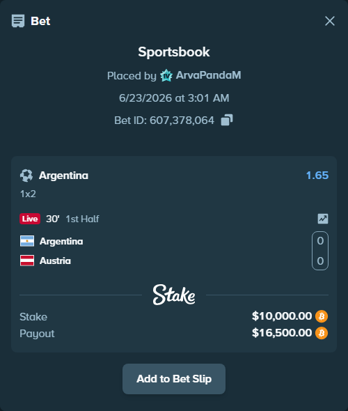Bet slip: Argentina - Austria, $9,212.99 stake at 1.65 odds, placed by ArvaPandaM
