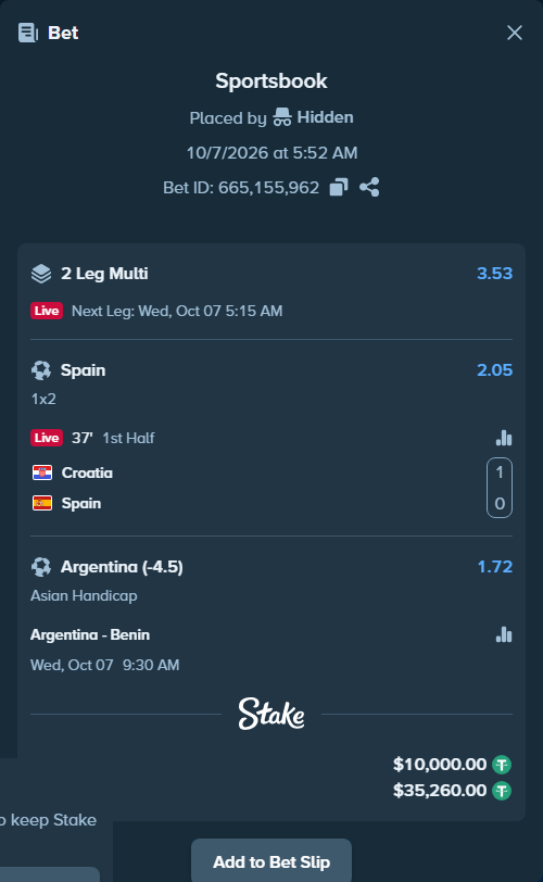 Bet slip: Argentina - Benin, $10,000.00 stake at 1.72 odds, placed by Agus1033