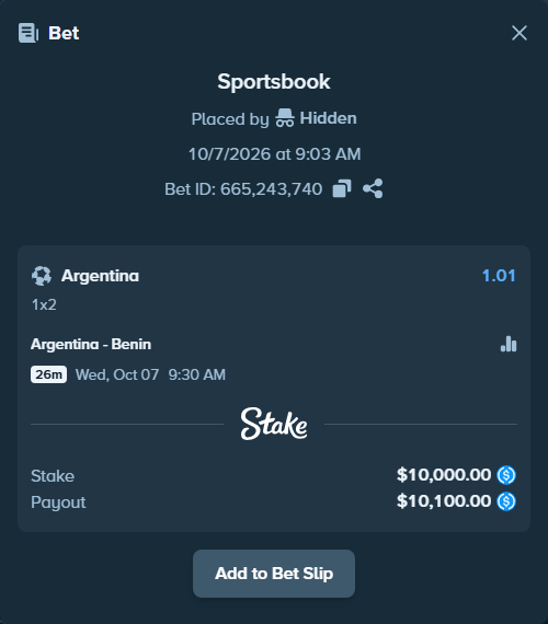 Bet slip: Argentina - Benin, $10,000.00 stake at 1.01 odds, placed by Hidden