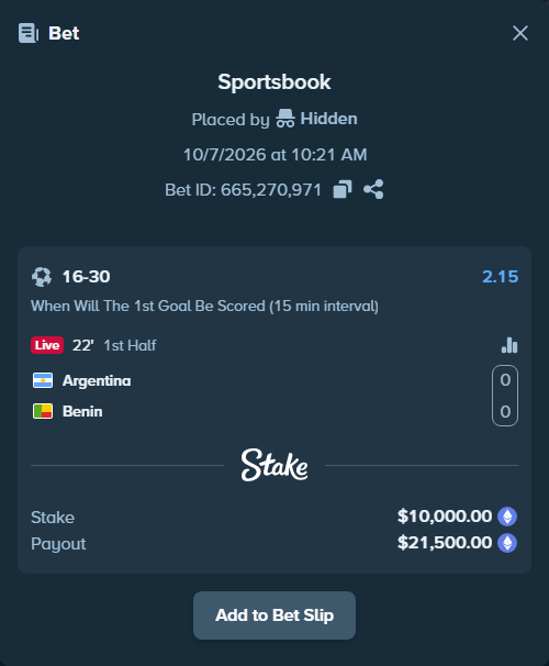Bet slip: Argentina - Benin, $10,006.35 stake at 2.15 odds, placed by Hidden
