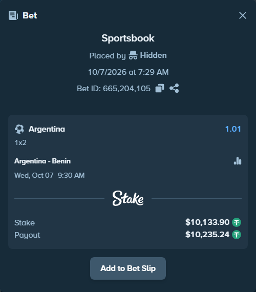 Bet slip: Argentina - Benin, $10,132.89 stake at 1.01 odds, placed by Valaker98