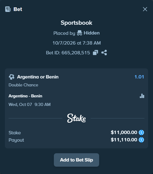 Bet slip: Argentina - Benin, $11,000.00 stake at 1.01 odds, placed by RubAnd10