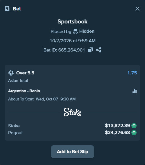 Bet slip: Argentina - Benin, $13,871.00 stake at 1.75 odds, placed by tlwns4736