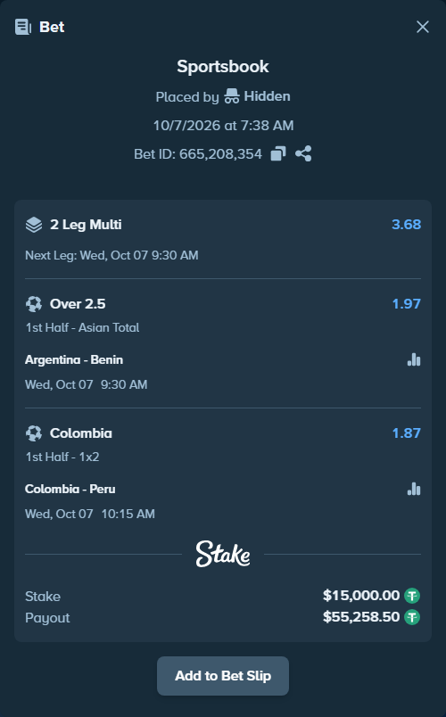 Bet slip: Argentina - Benin, $14,998.50 stake at 1.97 odds, placed by Hidden