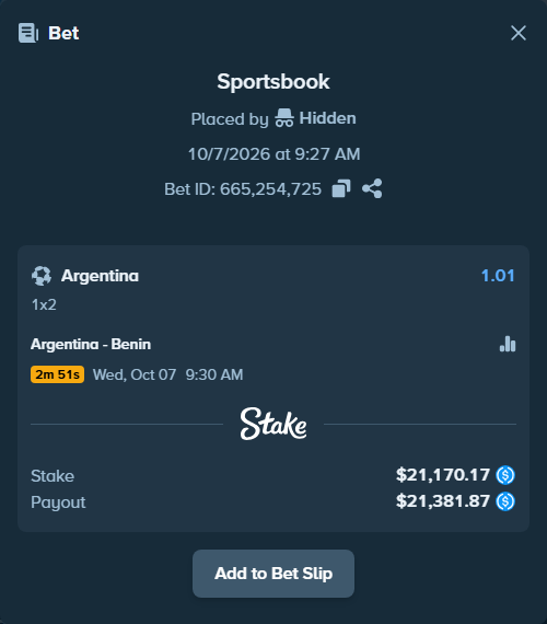 Bet slip: Argentina - Benin, $21,170.17 stake at 1.01 odds, placed by Hidden
