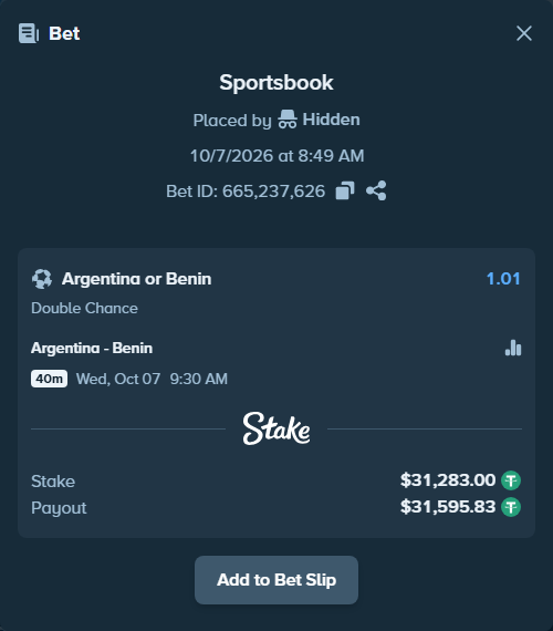 Bet slip: Argentina - Benin, $31,279.87 stake at 1.01 odds, placed by bwullf75