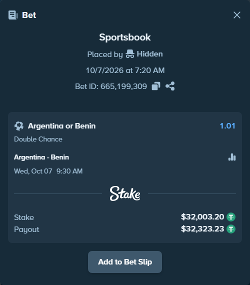 Bet slip: Argentina - Benin, $32,000.00 stake at 1.01 odds, placed by Iben1993