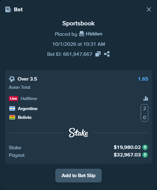 Bet slip: Argentina - Bolivia, $20,000.00 stake at 1.65 odds, placed by Hidden