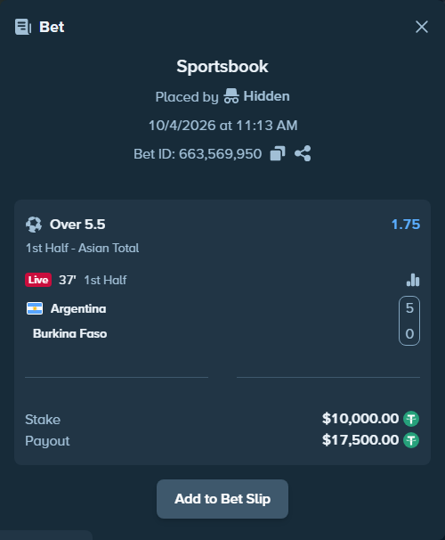 Bet slip: Argentina - Burkina Faso, $10,000.00 stake at 1.75 odds, placed by Hidden