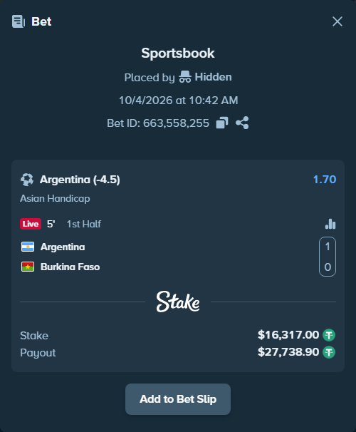 Bet slip: Argentina - Burkina Faso, $16,317.00 stake at 1.70 odds, placed by Agus1033