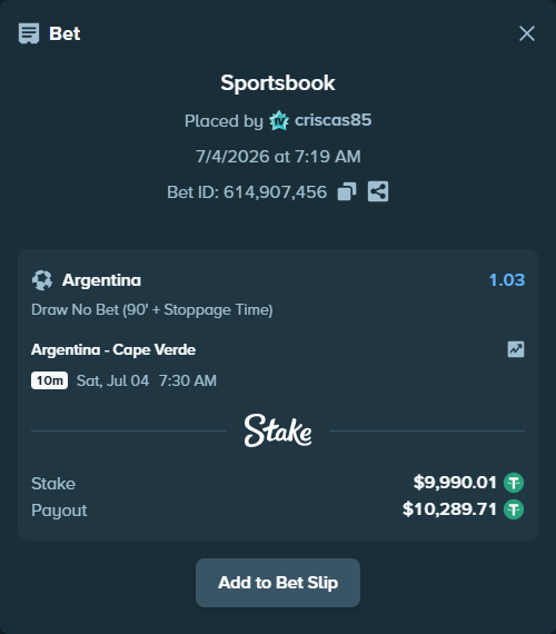 Bet slip: Argentina - Cape Verde, $10,000.00 stake at 1.03 odds, placed by criscas85