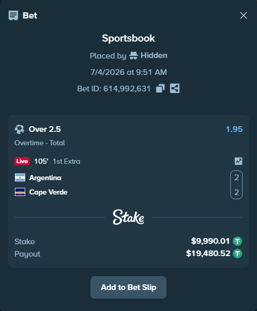 Bet slip: Argentina - Cape Verde, $10,000.00 stake at 1.95 odds, placed by Hidden