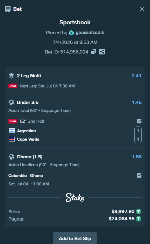 Bet slip: Argentina - Cape Verde, $10,007.90 stake at 1.45 odds, placed by youssefsadik