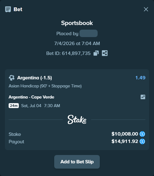 Bet slip: Argentina - Cape Verde, $10,008.00 stake at 1.49 odds, placed by Musington